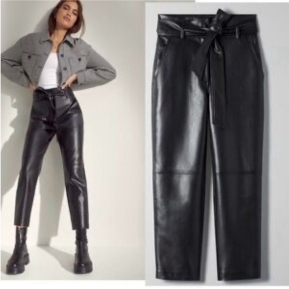 Aritzia Pants - Aritzia Babaton Vegan Leather Belted Pant High Waist Tie Front Trouser Black 00